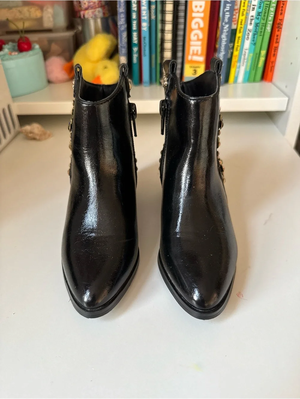 Yosi Samra Black Leather Kids Jewel-Studded Ankle Boots